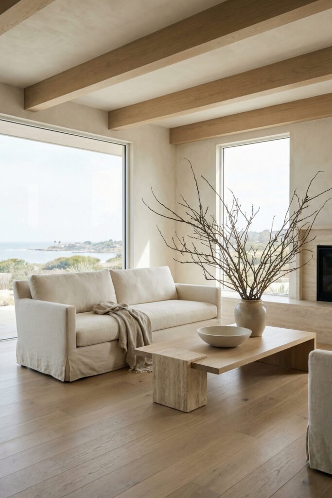 Summer Décor Ideas for an Airy, Collected Home 18 Minimal coastal living room with linen sofa, pale wood coffee table, sculptural branches, and ocean view for serene summer decor.