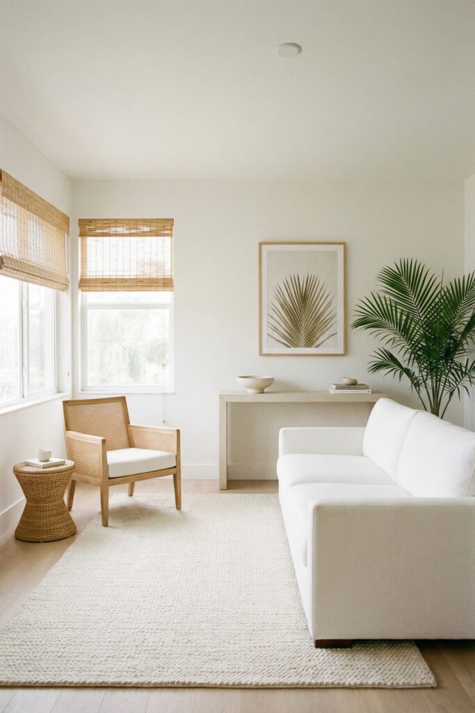 Minimal white living room with bamboo shades, cane chair, palm art, and a large plant for breezy Summer Living Room Decor.
