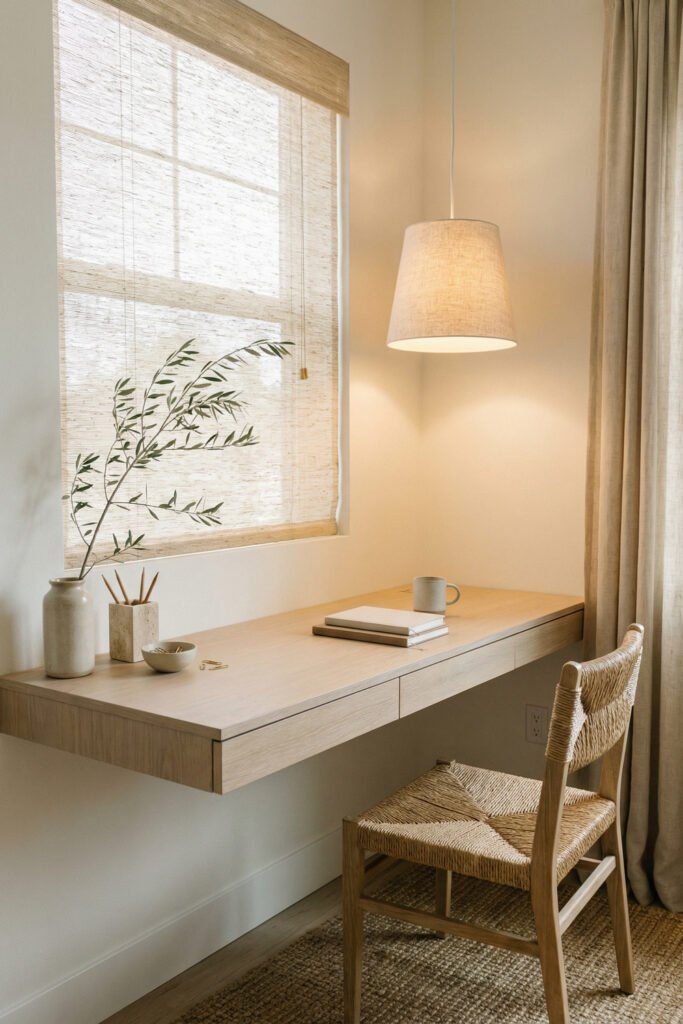 Floating light wood desk with woven chair, linen pendant, and roman shade in a minimal neutral Summer Office Decor nook.
