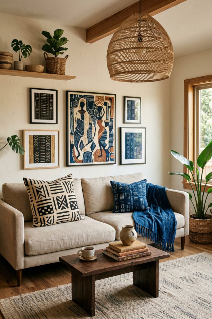 Neutral living room with indigo and black Afro Art gallery wall, beige sofa, blue throw, woven pendant light, mudcloth pillow, and plants
