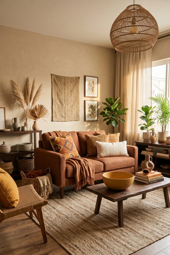 Sunlit earthy living room with rust sofa, woven pendant, neutral textile art, plants, layered pottery, and a rustic table in an Afro Boho Decor space.
