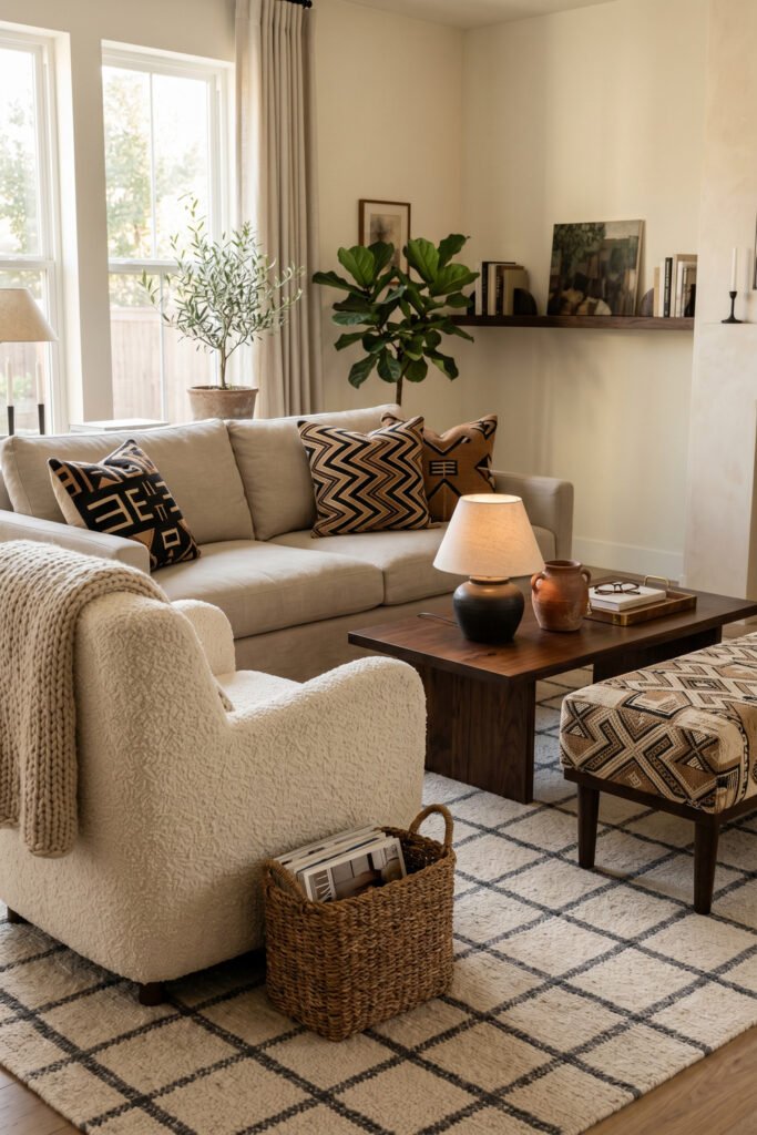 Neutral living room with patterned Afro Boho pillows, upholstered ottoman, boucle chair, walnut coffee table, and cream grid rug.
