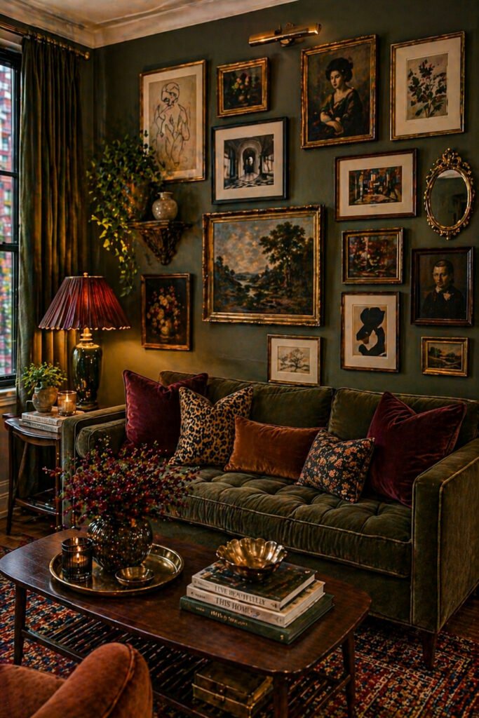 Maximalist living room with dark green sofa, gold gallery wall, patterned pillows, rug, and apartment vibes decor ideas
