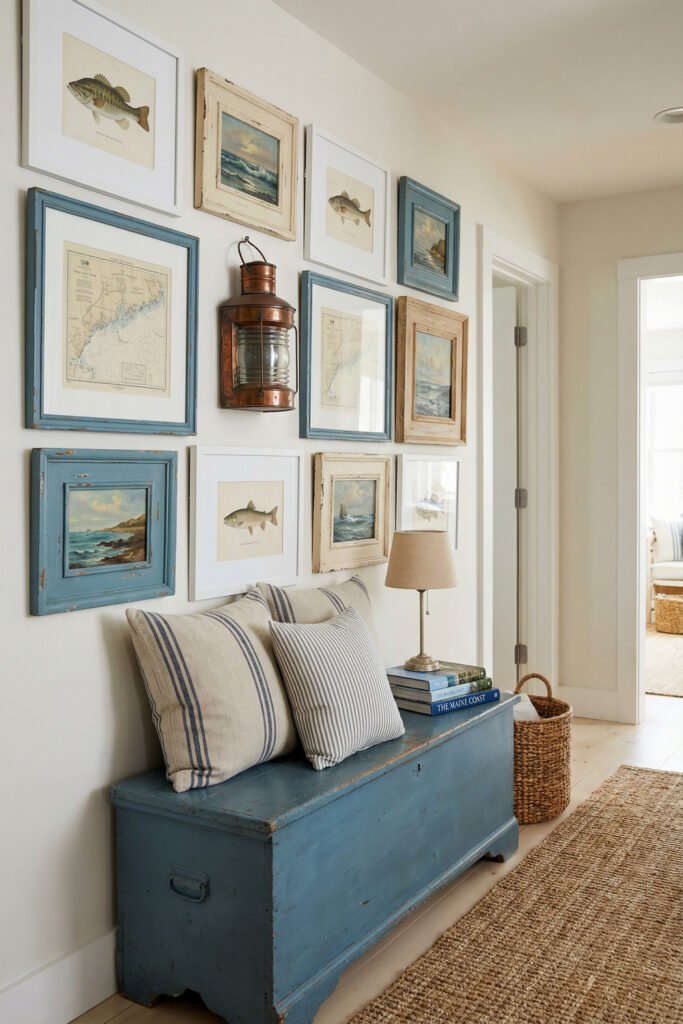 Beach Cottage Decor That Feels Fresh for Summer 21 Hallway bench with blue trunk, striped pillows, woven basket, lantern, and framed coastal art gallery wall for beach cottage decor.
