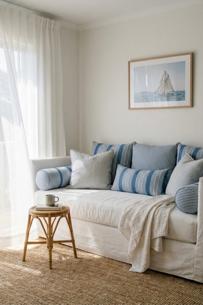 Coastal Summer Aesthetic Ideas for a Breezy Apartment 23 White sofa with blue striped cushions, sailboat art, sheer curtains, and jute rug creating a classic coastal summer aesthetic.