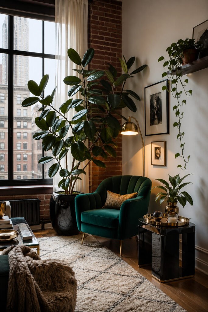 Loft living room with emerald velvet chair, tall plants, exposed brick, brass floor lamp, hanging vines, and decor ideas with personality
