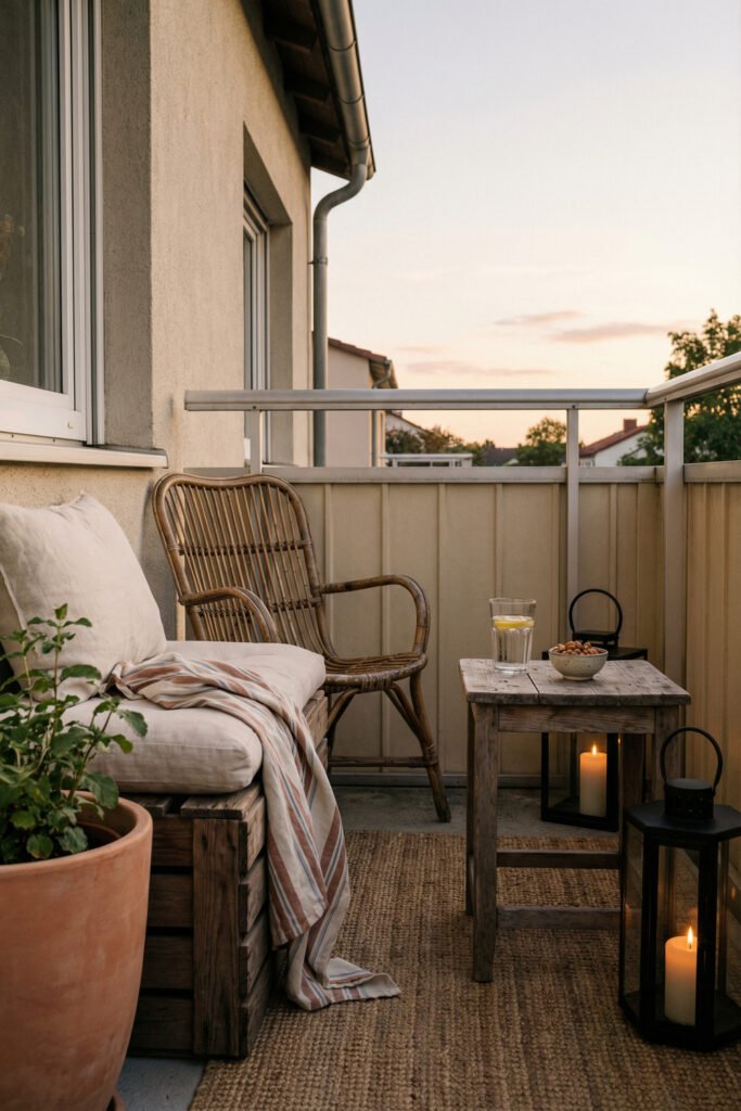 Small balcony with wood bench, wicker chair, lanterns, jute rug, striped throw, and side table at sunset in cozy farmhouse summer decor style.
