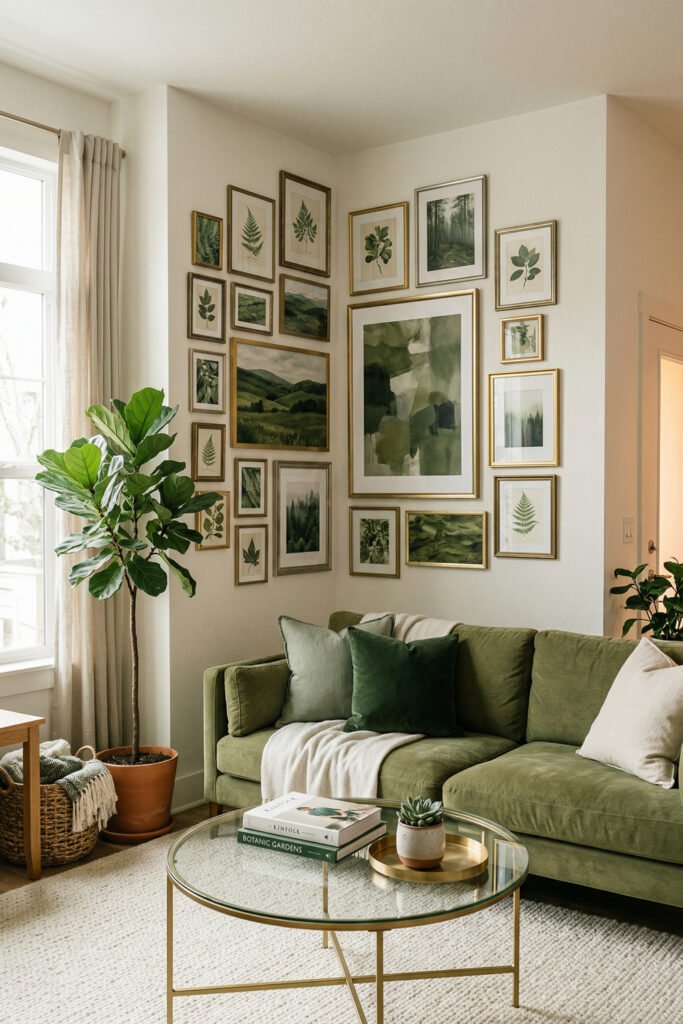 Green And Gold Room Ideas For A Stylish Living Room 31 Muted green sectional with botanical gallery wall, brass and glass coffee table, cream rug, and potted fiddle leaf fig.
