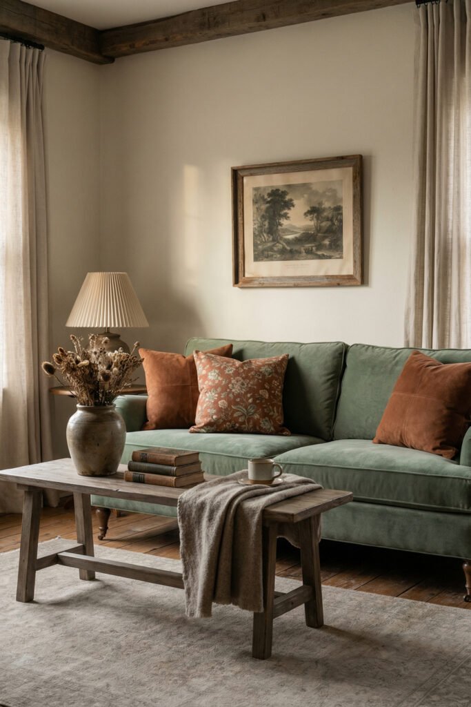 Warm Green And Rust Living Room with a green sofa, rust and floral pillows, rustic wood table, framed landscape art, and soft linen curtains.
