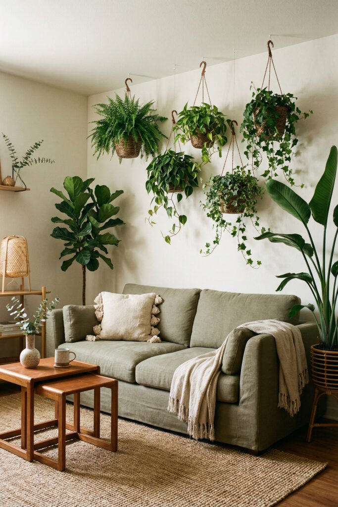 Green Boho Living Room Ideas With Relaxed Style 30 Plant-filled Green Boho Living Room with sage sofa, hanging baskets, fiddle leaf fig, bird of paradise, wood nesting tables, and jute rug.