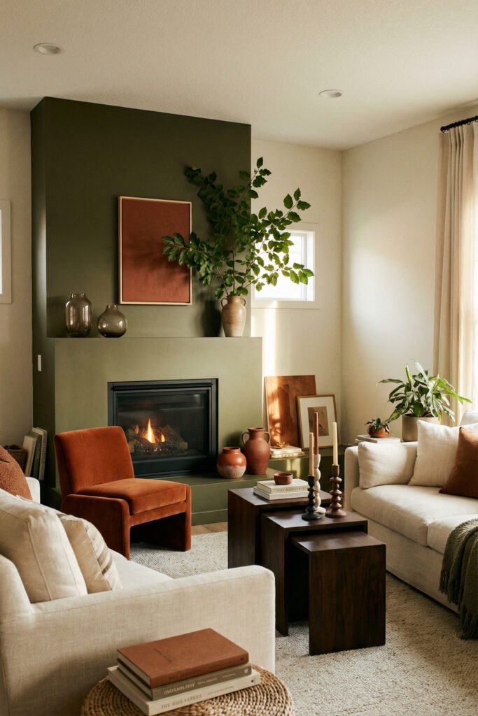 Green Burnt Orange Living Room Ideas With Rich, Easy Style 28 Green fireplace, rust accent chair, cream sofas, dark wood nesting tables and soft textiles in a cozy Green Burnt Orange Living Room