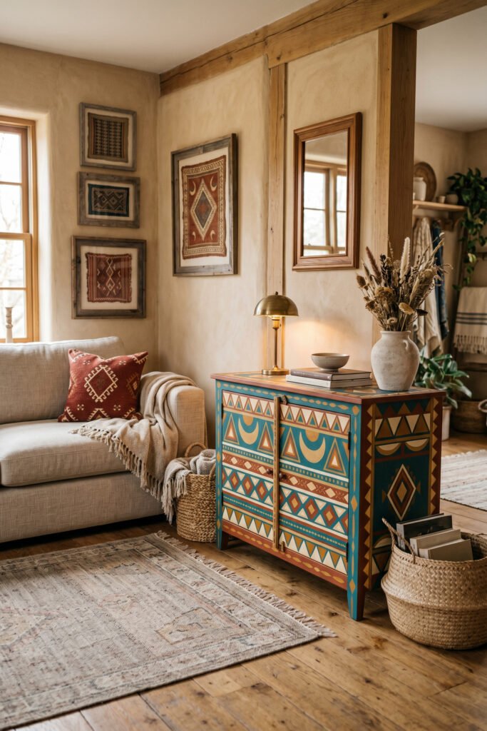 Turquoise and terracotta patterned cabinet beside a linen sofa, brass lamp, framed textiles, and woven baskets in a layered Nubian Style space.
