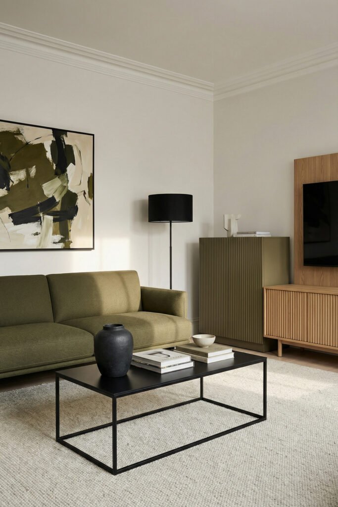 Olive Green Decor Ideas For A Layered Living Room 29 Modern olive sofa with black coffee table, black lamp, wood media unit, and abstract wall art in a clean neutral living room.