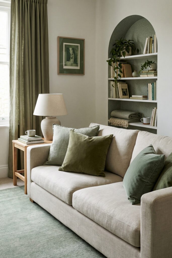 Sage Green Lounge Ideas for a Calm, Collected Living Room 30 Close-up of cream sofa with layered green pillows, sage drapery, side lamp, and arched built-in shelving in a soft neutral lounge.