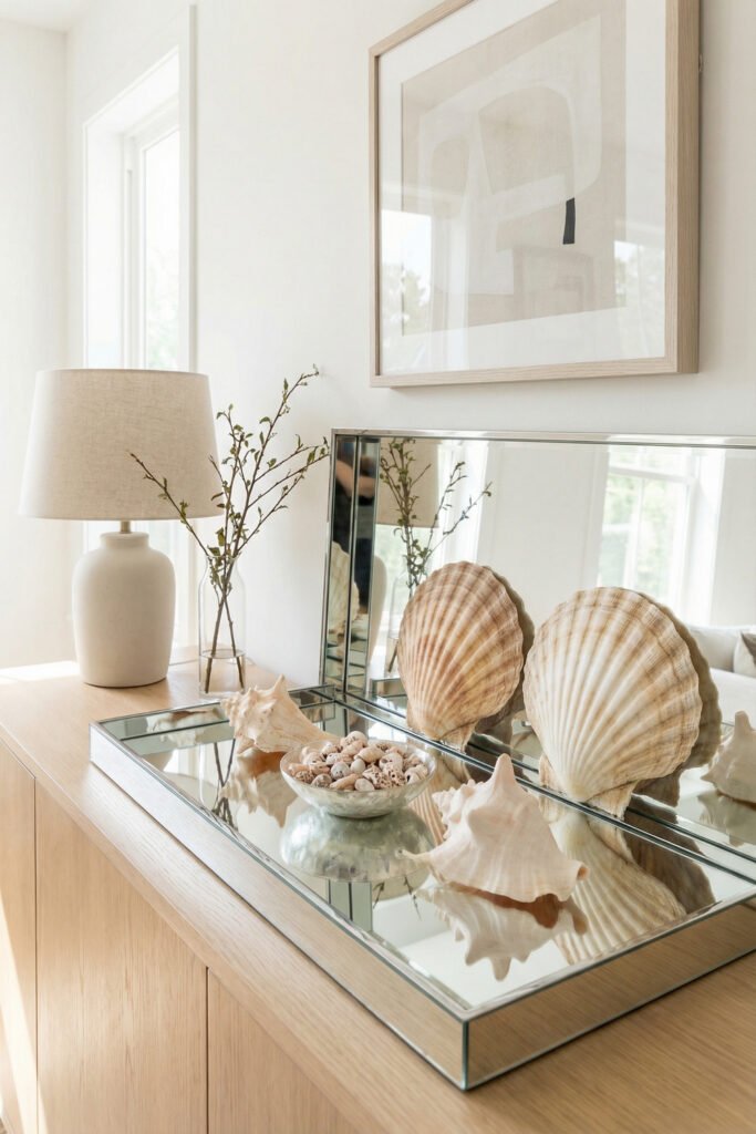 Mirrored tray with oversized scallop shells, conch shells, and a bowl of tiny shells on a light wood console for an airy seashell display.
