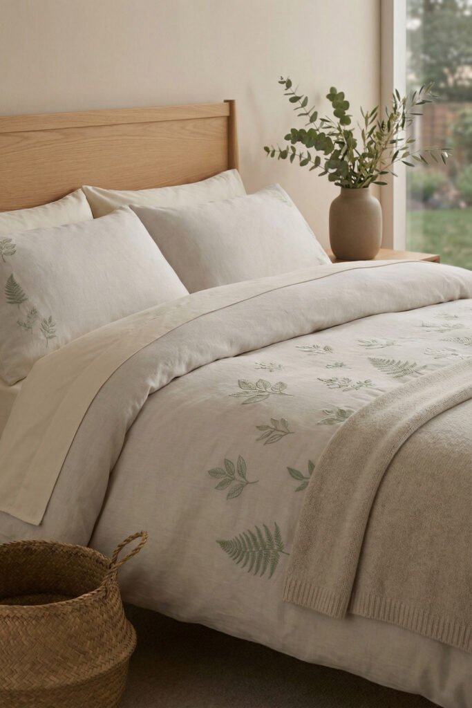 Spring Bedding Ideas for a Lighter, Fresher Bedroom 21 Neutral bedding with delicate green fern embroidery, creamy layers, a knit throw, and a wood headboard for understated spring bedding style.