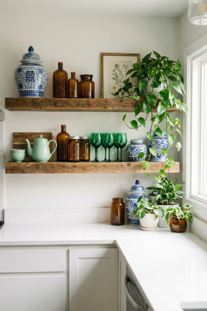Rustic floating shelves in a bright kitchen layered with ginger jars, amber bottles, green glassware, a teapot, and trailing pothos for spring kitchen décor
