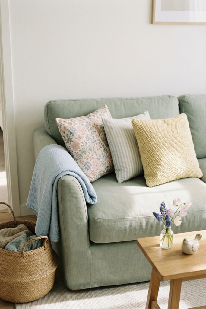 Mint green sofa with pastel floral pillows, blue throw, woven baskets, and a bud vase on a light wood coffee table for spring living room décor.
