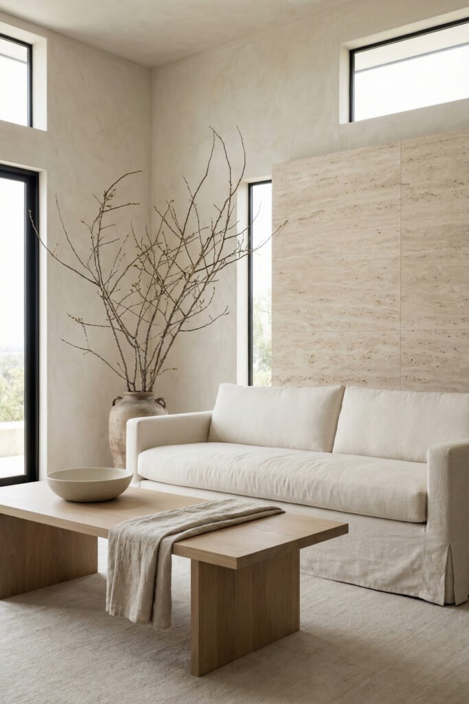 Summer Décor Ideas for an Airy, Collected Home 19 Neutral living room with cream sofa, travertine wall, pale wood bench table, and tall branches in a vase for refined summer decor.