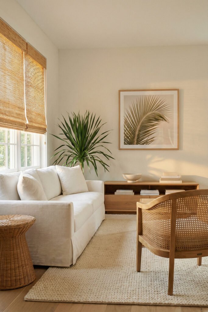 Warm neutral living room with a cane chair, white sofa, palm art, woven textures, and bamboo blinds for tropical summer style.
