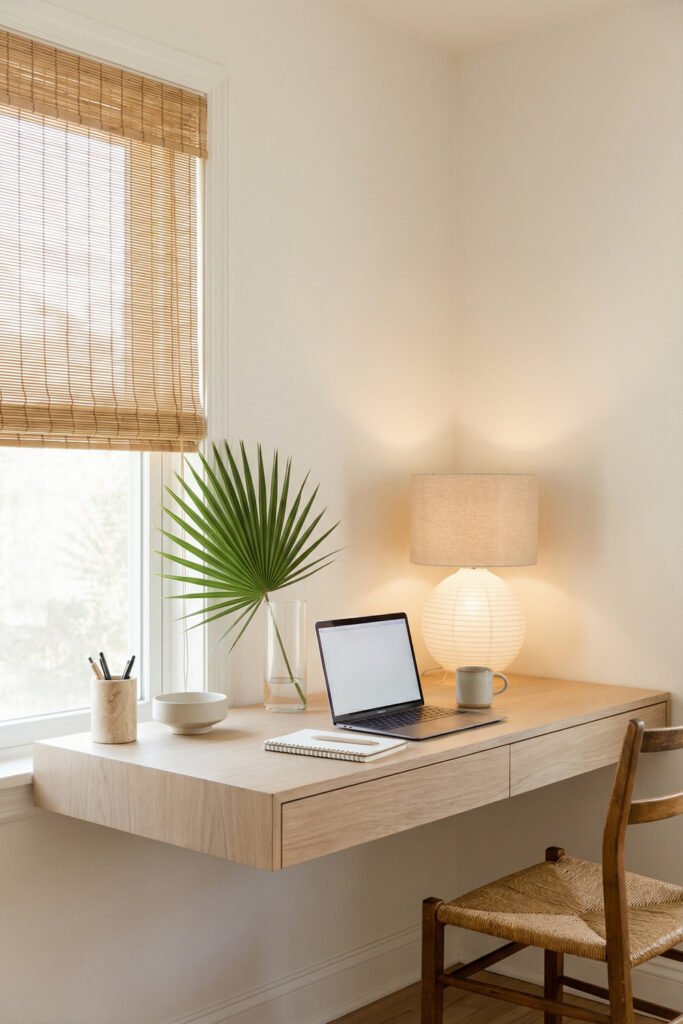 Floating desk with bamboo shade, paper lamp, palm frond, laptop, and woven chair styled for natural Summer Office Decor.
