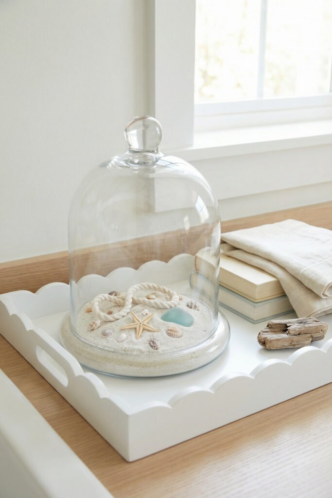 Diy Beach Decor That Feels Fresh for Summer 29 Large glass cloche over sand, shells, rope, and sea glass on a white scalloped tray, clean and airy DIY beach decor.