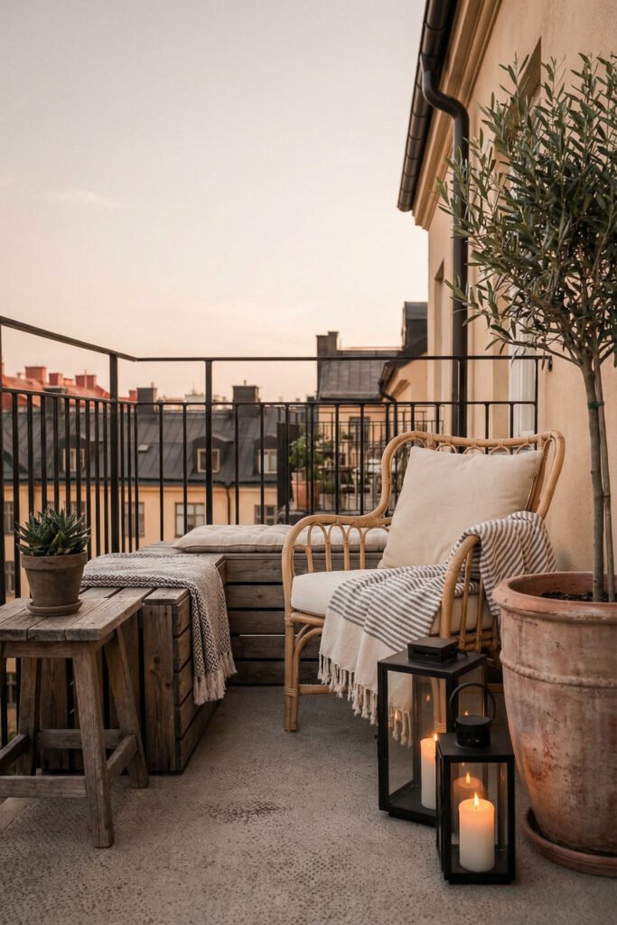 City balcony with rattan chair, wood bench, lanterns, striped throw, olive tree, and rustic stool in warm farmhouse summer decor.
