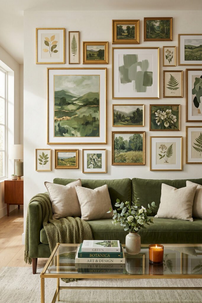 Green And Gold Room Ideas For A Stylish Living Room 32 Green velvet sofa with oversized gold gallery wall, glass coffee table, cream pillows, and botanical-inspired art in a polished living room.