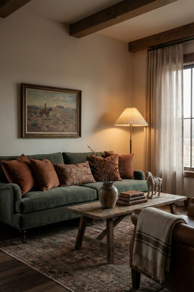 Cozy rustic Green And Rust Living Room with a green sofa, rust pillows, wood coffee table, warm lamp light, horse artwork, and vintage-style rug.
