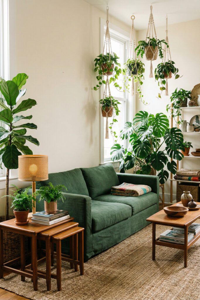 Green Boho Living Room Ideas With Relaxed Style 31 Bright Green Boho Living Room with dark green sofa, hanging macrame planters, monstera, fiddle leaf fig, wood coffee table, and woven lamp.