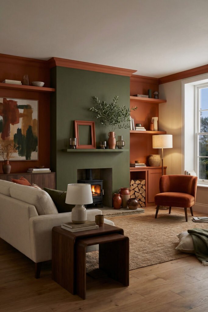 Green Burnt Orange Living Room Ideas With Rich, Easy Style 29 Olive fireplace with terracotta built-ins, burnt orange chair, cream sofa and wood stove in a dramatic Green Burnt Orange Living Room