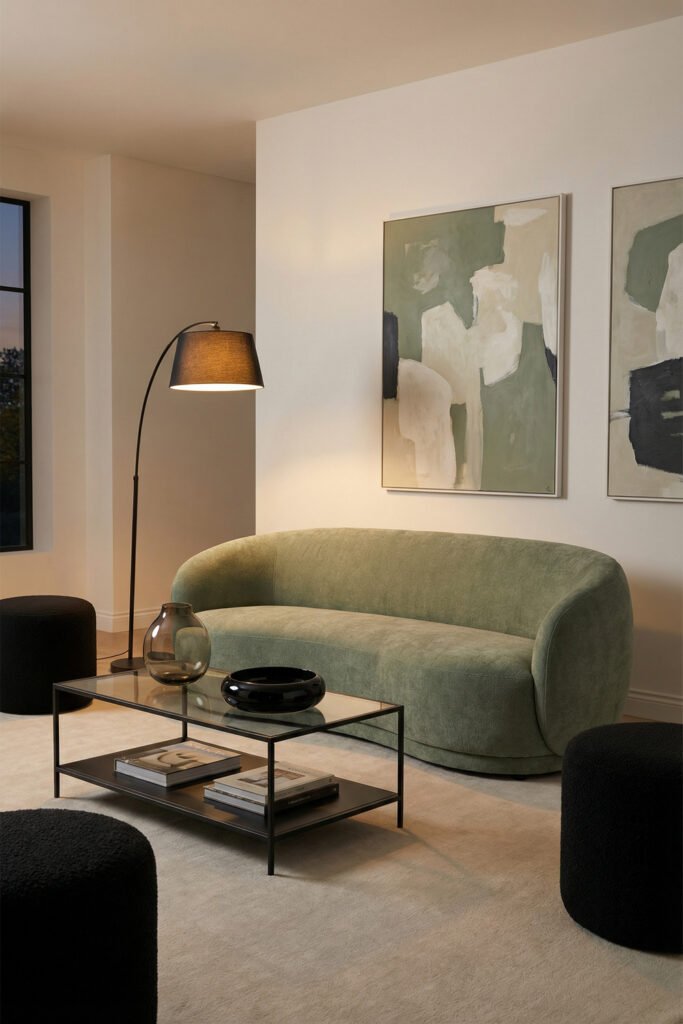 Sage Green And Black Living Room Ideas for a Layered Look 25 Evening living room with a sage curved sofa, black arc lamp, black poufs, glass coffee table, and abstract art in a calm modern palette.