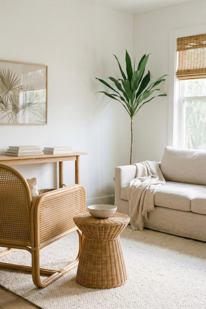 Cane accent chair, wicker side table, cream sofa, and tall plant in a light, textural summer living room.
