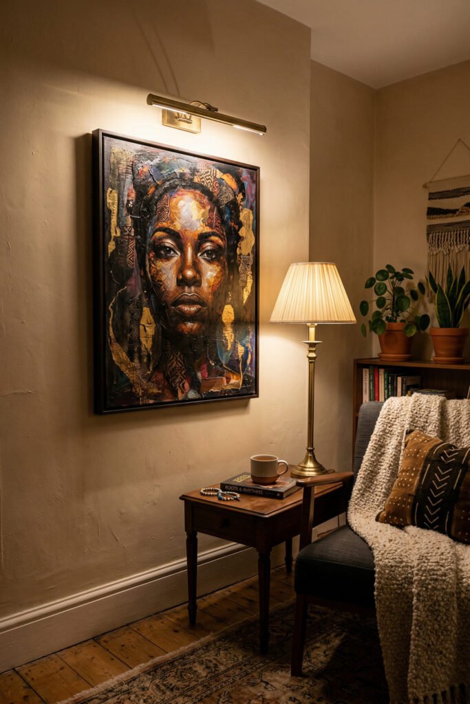 Moody Afro Art corner with a richly textured portrait under a picture light, brass lamp, side table, plants, and a cozy chair layered with a knit throw
