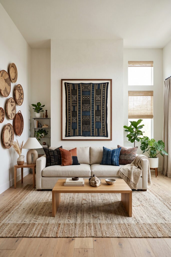 Airy living room with cream sofa, indigo textile wall art, basket gallery wall, blue pillows, light wood table, and plants in Afro Boho Decor style.
