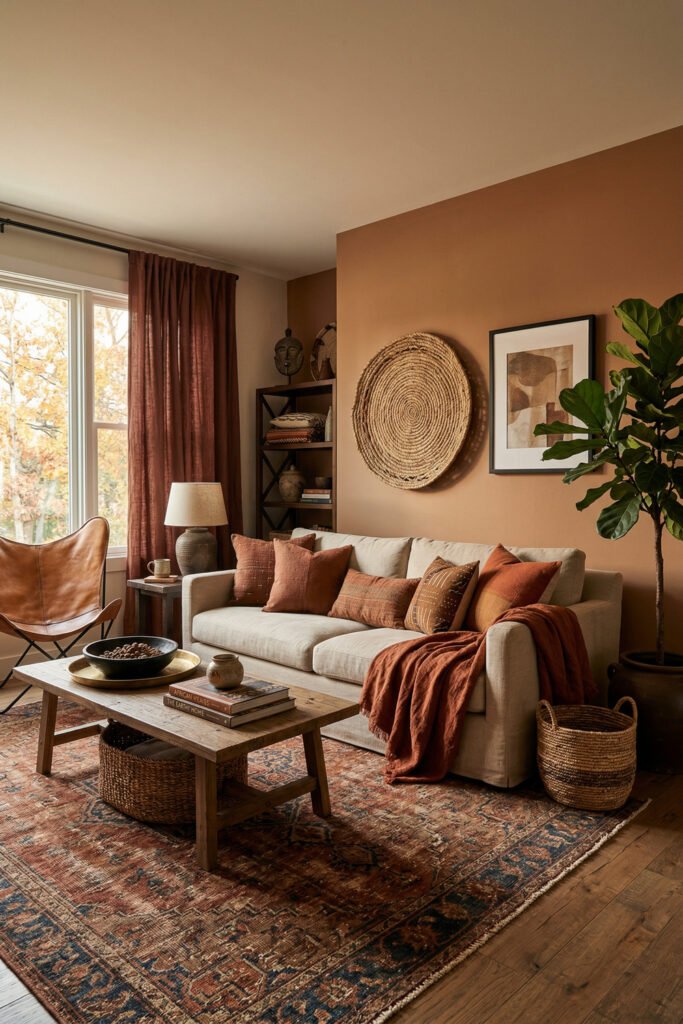 Terracotta living room with beige sofa, rust pillows, woven wall basket, vintage rug, leather chair, and Afro Boho warmth.
