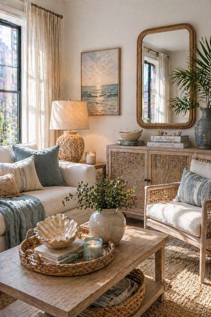 Coastal apartment living room with blue pillows, rope mirror, cane chair, rattan accents, and apartment vibes decor ideas
