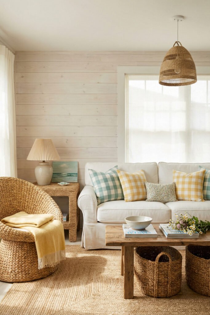 Beach Cottage Decor That Feels Fresh for Summer 22 Sunny living room with white sofa, yellow gingham pillows, woven chair, jute rug, and wicker pendant in cheerful beach cottage decor.