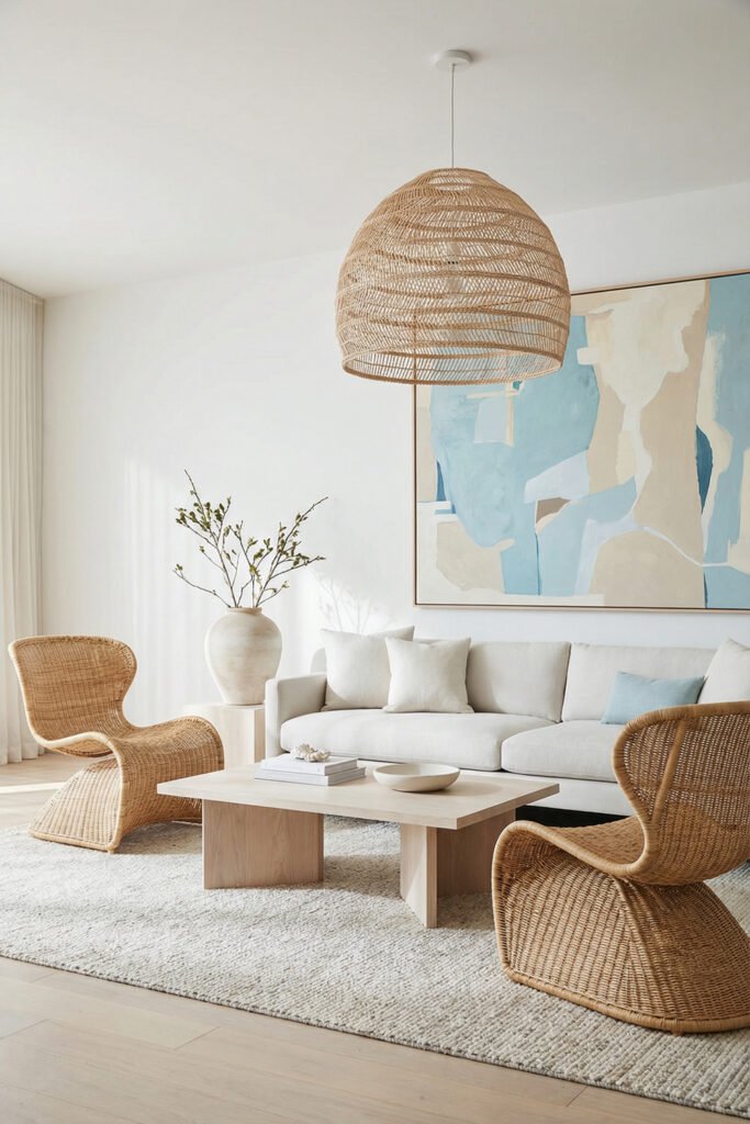 Coastal Summer Aesthetic Ideas for a Breezy Apartment 24 Airy living room with wicker chairs, white sofa, oversized rattan pendant, and blue abstract art for a modern coastal summer aesthetic.