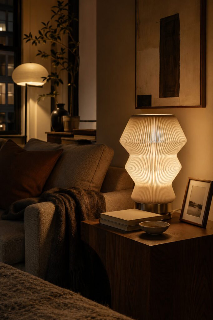 Evening living room corner with sculptural glowing lamp, wood side table, abstract art, cozy sofa, and decor ideas with personality
