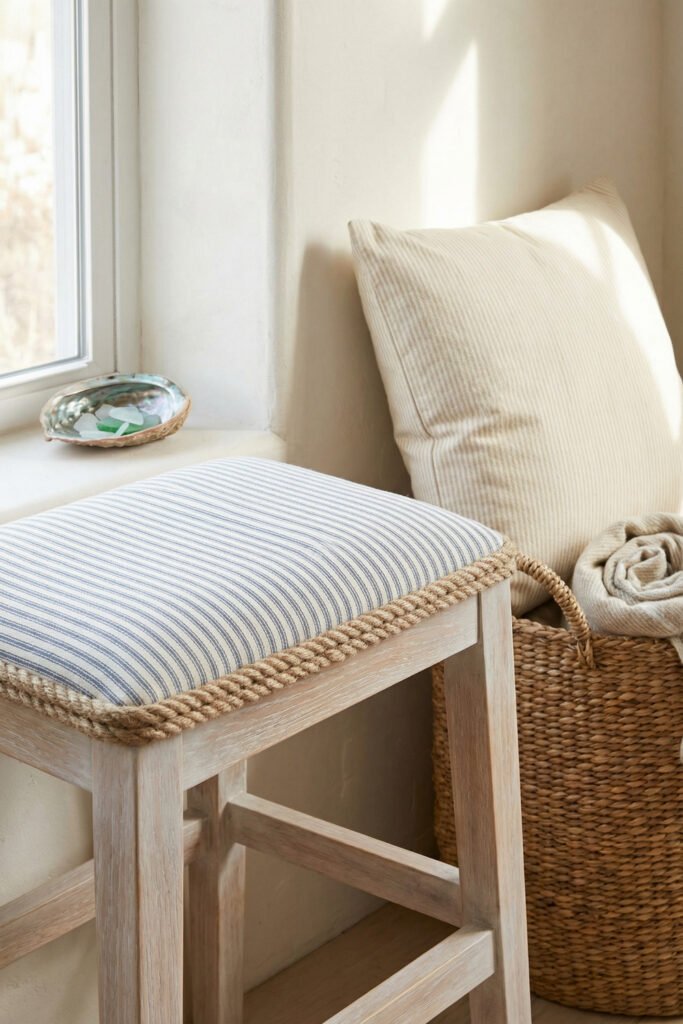 Diy Beach Decor That Feels Fresh for Summer 30 Striped stool cushion with rope trim beside a woven basket and neutral pillows, subtle DIY beach decor with coastal texture.