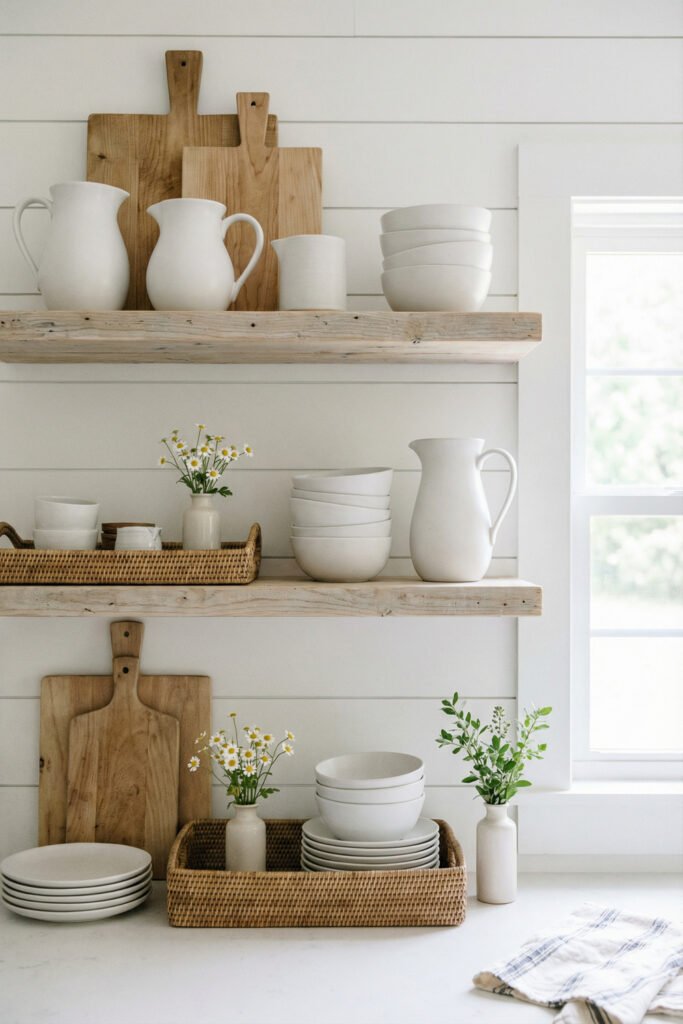 Open kitchen shelves with white pitchers, bowls, wood cutting boards, wicker trays, and tiny daisy vases for clean farmhouse summer decor.
