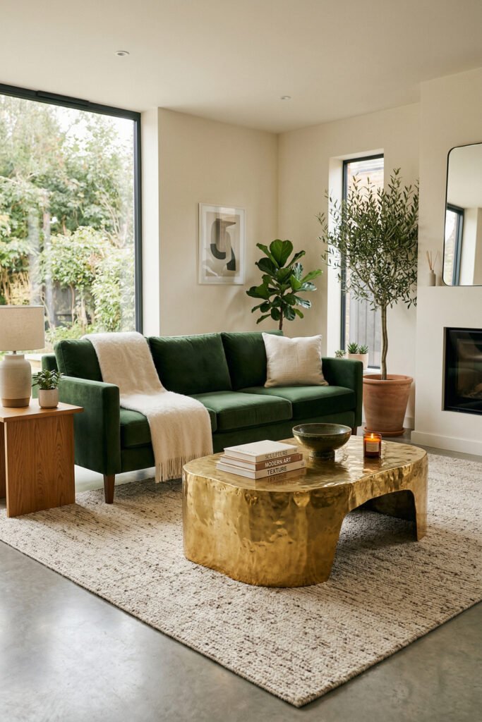 Green And Gold Room Ideas For A Stylish Living Room 33 Dark green sofa with sculptural brass coffee table, cream rug, and indoor trees in a bright modern living room.