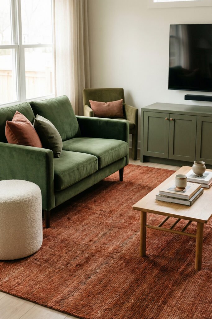 Small Green And Rust Living Room with a green sofa, rust rug, olive accent chair, light wood coffee table, boucle ottoman, and painted media console.
