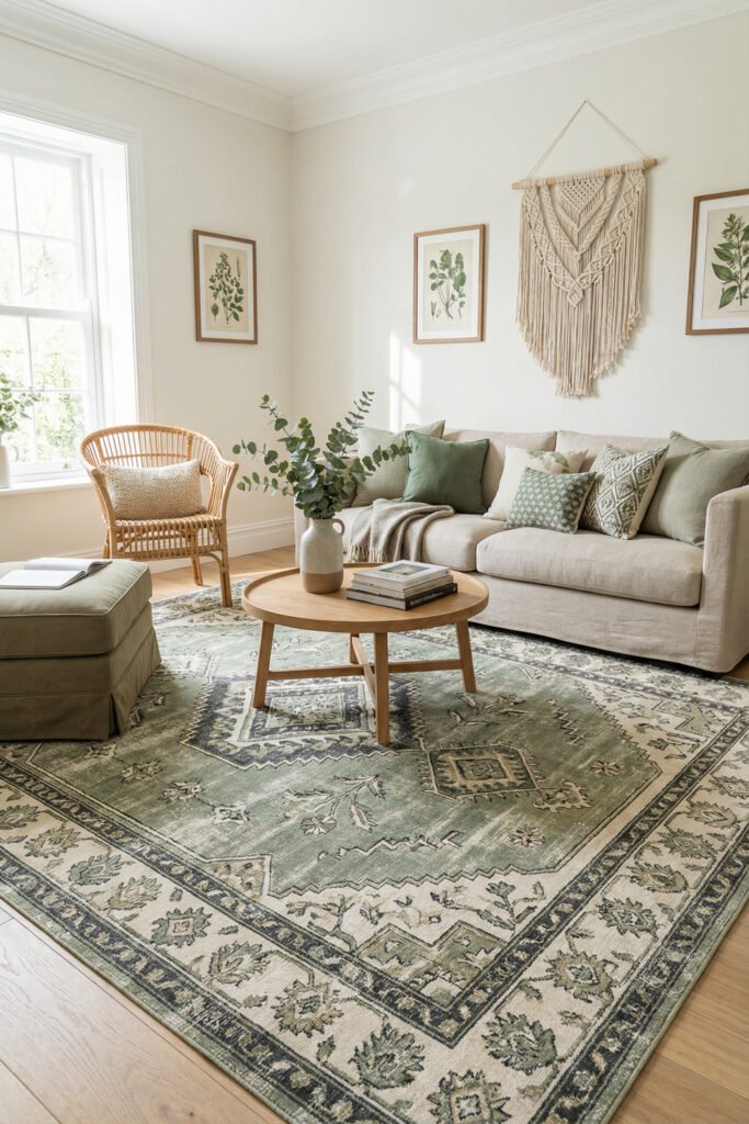 Green Boho Living Room Ideas With Relaxed Style 32 Neutral Green Boho Living Room with cream sofa, wicker chair, macrame wall hanging, sage pillows, round wood coffee table, and green patterned rug.