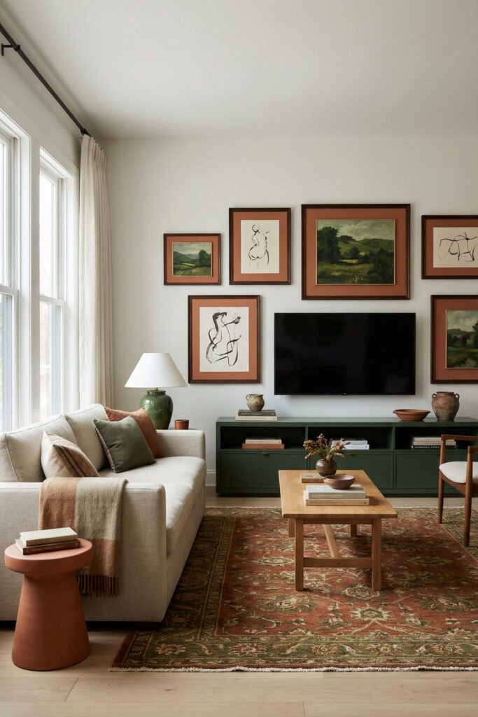 Green Burnt Orange Living Room Ideas With Rich, Easy Style 30 Cream sofa, green media console, rust gallery wall frames and vintage rug in a collected Green Burnt Orange Living Room