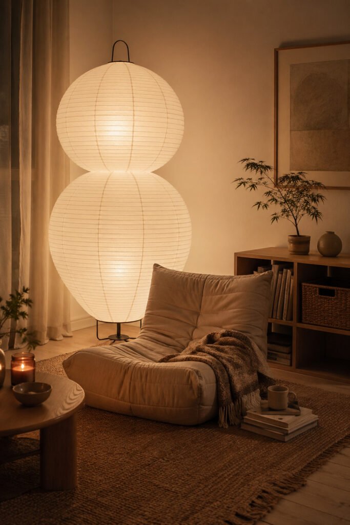 Minimal lounge corner with oversized paper floor lantern, floor chair, woven rug, books, candle, and soft cozy lighting.
