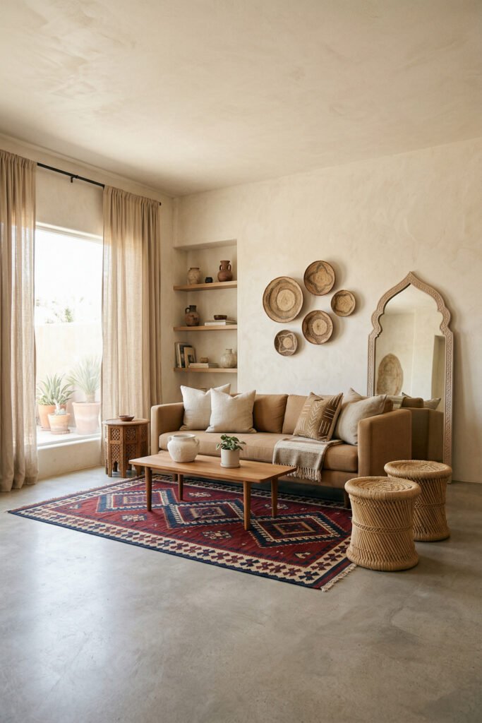 Soft neutral living room with basket wall decor, carved arched mirror, slim wood table, and red patterned rug in an elegant Nubian Style look.
