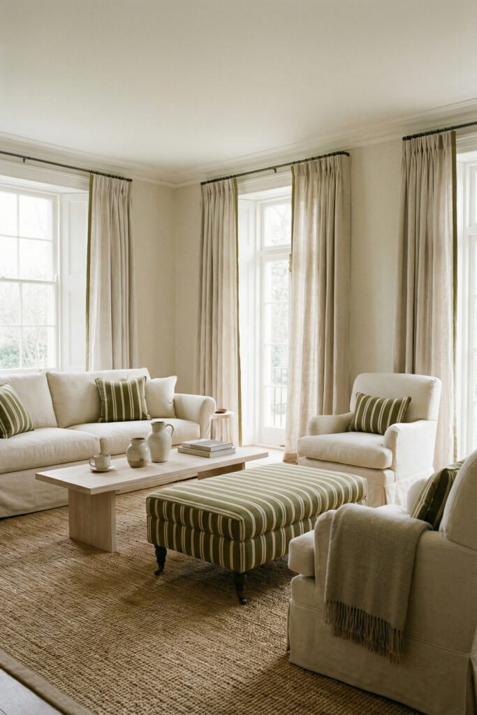 Olive Green Decor Ideas For A Layered Living Room 30 Bright neutral living room with striped olive ottoman, matching pillows, white seating, and soft linen curtains.