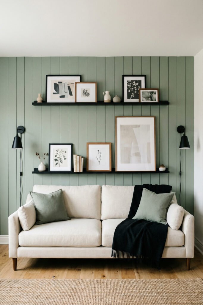Sage Green And Black Living Room Ideas for a Layered Look 26 Sage green paneled wall with black shelves and sconces, cream sofa, layered framed art, and black throw for Sage Green And Black Living Room Ideas.